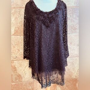 Pretty Angel Brown Lace Tunic With Fabric Flower Trim, Lined Size 1X
